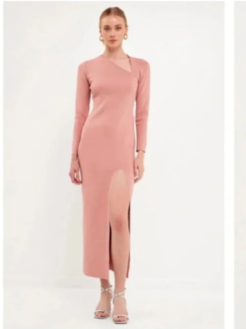 Endless Rose Blush Pink Ribbed Midi Dress. Long Sleeve Side Slit size Large